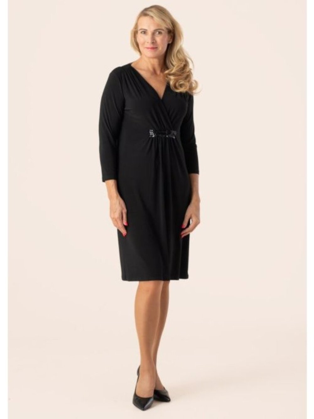Eliza J Dress Size 12 Black 3/4 Sleeve Beaded Waist V Neck Wrap Front Pleated